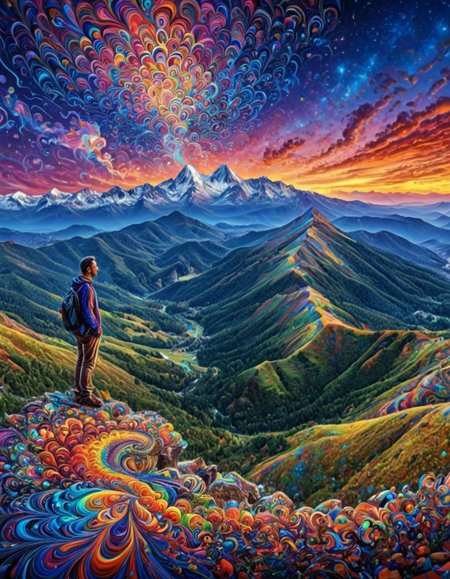 Masterpiece psychedelicv2lora, colorful, scenery, panorama, mountain overlook, 1man, portrait . Exquisite detail, flawless composition, high-resolution, stunning quality