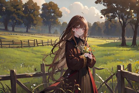 (otherworldly), highly insanely detailed, masterpiece, top quality, best quality, highres, 4k, 8k, RAW photo, (very aesthetic, beautiful and aesthetic), farm, fields, barn, fence, fantfa, <lora:FantasyFarm-10:0.6>, 
1girl, 
(brown hair ,split-color hair,dual-toned hair,two-tone hair), 
(dark background),âââ