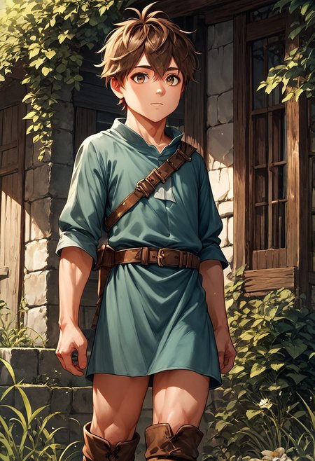 score_9, score_8_up, score_7_up, 1boy, solo,  cute boy, brown hair, brown eyes, tunic, belt, bare thighs, boots