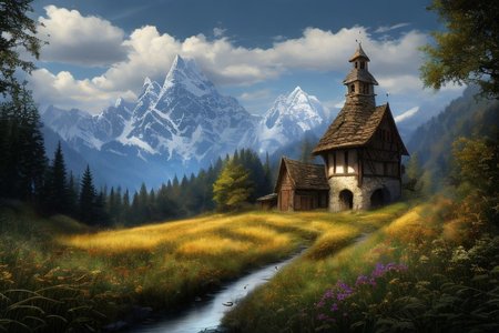 realistic analog photo, award winning photo, 
fantfa, background, mountain, stream, trees, foreground, field, house, farm, witow, a wizard watch tower,
high-quality, crisp, sharp, professional-grade, high-resolution, fine detail, accurate colors, low noise, fast shutter speed, wide dynamic range, precise focus, RAW, highres, 8k, uhd, High Dynamic Range, tonemapping, crisp details,