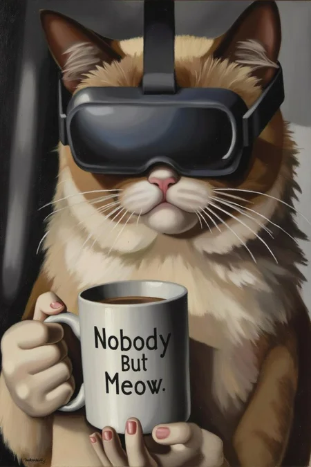 tamaradelempicka1 painting.
Grumpy Cat wearing a VR Headset, holding a coffee mug. The mug has the phrase "NobodyButMeow" printed  <lora:tamaradelempicka1_cap_d8a4:1.0><lora:863956569056926627:0>