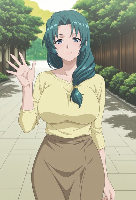 1girl,solo,mm,mature female,long hair,green hair,blue eyes,hair over shoulder,mole under eye,large breasts,anime coloring,
shirt,skirt,outdoors,looking at viewer, waving, cowboy shot, smile
,masterpiece,best quality,amazing quality,<lora:Saori_Takada-Ryoujoku_Hitozuma_Onsen_il:0.8>