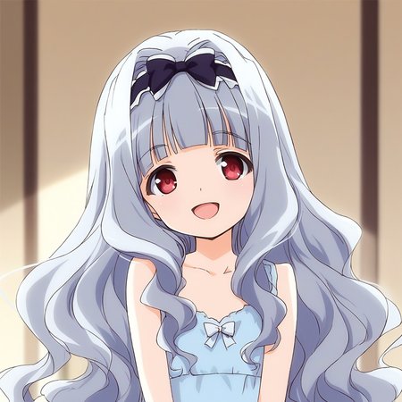 score_9, score_8_up, score_7_up, source_anime, rating_explicit, BREAK  <lora:Watayuki_Ver2.0_XL:1> Watayuki, hairband, very long hair, blue hair, grey hair, hair bow, purple eyes, red eyes, wavy hair, flat chest, blunt bangs,
 1girl, solo, closed eyes, smile, bow, open mouth, hair intakes, ribbon