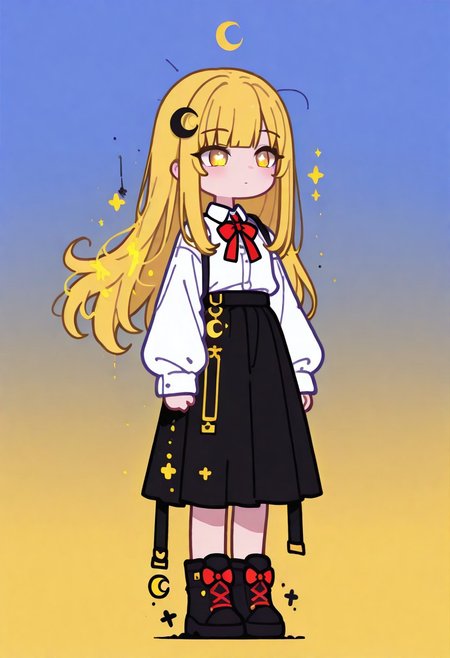 masterpiece,best quality,amazing quality, 1girl, solo, long hair, floating hair, Yumeko, GachaYumeko, Gacha, Blonde, long hair, straight bangs, yellow eyes, white shirt, red bow on the shirt, 
black skirt
 full body, simple background, gradient background, blue background, yellow background, crescent moon, glowing, haiz_ai, Flatline, Flat vector illustration