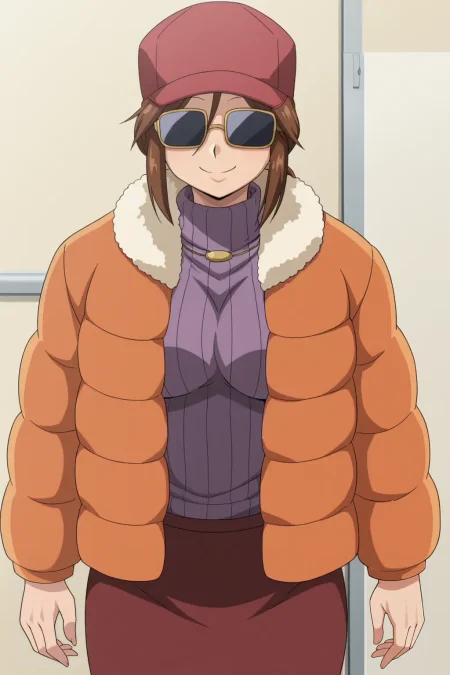 score_9,
1girl, solo, smile, 
HatsuInuHokeni, IncognitoOutfit, low ponytail, sunglasses, red headwear, orange puffy jacket with fur trim over purple turtleneck, dark red pencil skirt with no slit, eyes covered by eyewear, 
 <lora:HatsuInuHokeni_V7:0.8>