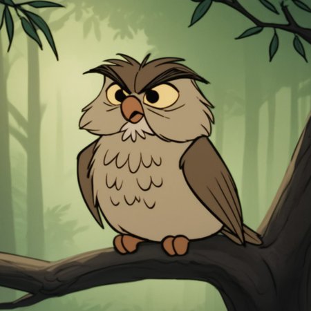 score_9, score_8_up, score_7_up, score_6_up, score_5_up, score_4_up, source_furry, Archimedesowl, feral, male, owl, brown feathers, yellow sclera, black eyes, sitting, on branch, forest