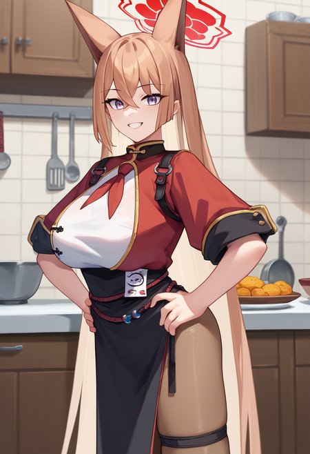 score_9, score_8_up, score_7_up, source_anime, solo, 1girl, rumi akeshiro, grin, looking at viewer, hands on own hips, animal ears, red halo, chinese clothes, red jacket, short sleeves, white shirt, red neckerchief, black skirt, side slit, rope belt, brown pantyhose, thigh strap, large breasts, indoors, kitchen <lora:ba_akeshirorumi_ponyXL:1>