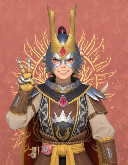 masterpiece, good quality, best quality,  2d, anime, red background, geometric background,
Shugengan, helmet, armor, gauntlets, upper body,
looking at viewer, grin, v,
<lora:Shugengan_Vpred:1>
