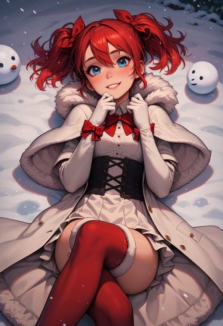 score_9, score_8_up, score_7_up, score_6_up, 
1girl, 25 years old, perfect face, cute, petite,
blue eyes, 
red hair, short hair, short twintails, hair between eyes, hair bow, 
fur trim, fur capelet, white coat dress, fur-trimmed dress, red bow, white gloves,
fur-trimmed thighhighs, red thighhighs, 
lying, on back, from above, dynamic pose, dynamic angle, shy smile, crossed legs,
snowing, snow,  (snowman), winter,