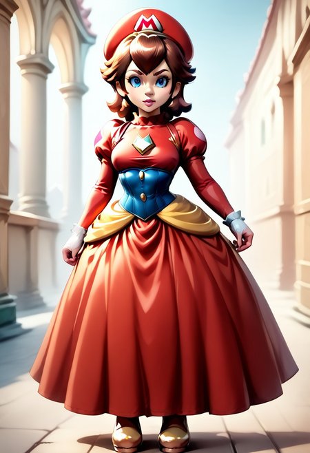 <lora:MtF_Genderswap:1>, genderswap \(mtf\), Mario, facing forward, mario hat, adult woman, extremely large nose, extremely bulbous nose, very wide face, circular head shape, wide chin, wide jawline, brown hair, lightly curly hair, blue eyes, average bust, wide hips, super crown, princess dress, red dress with blue accents, style-princess, underbust corset, fully clothed, zPDXL, score_9, score_8_up, score_7_up, score_6_up, score_5_up, score_4_up,
full body render, full body, photorealistic image, realistic image, high quality, detailed face, realistic human proportions, detailed clothes,