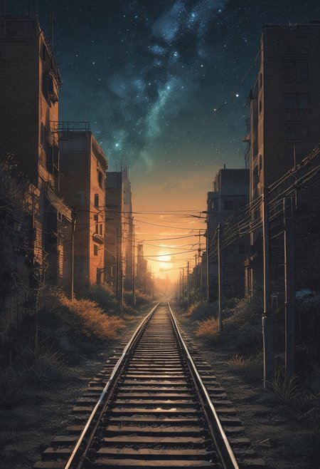 scenery, ((night, starry)), (Japanese anime style), wilderness, distant landscape, empty railroad, sunset, fantastic, loneliness atmosphere, cool tone, minimum lighting, masterpiece, best quality, ultra-detailed