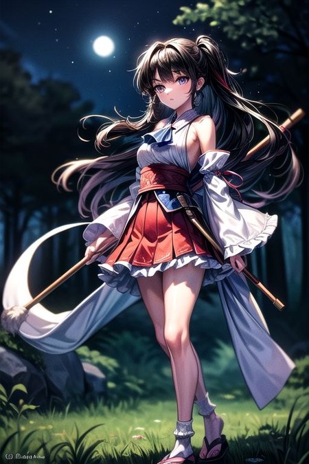 masterpiece,  best quality 1girl Setsun4 solo long hair,  (night time) forest background black hair very long hair purple eyes multicolored hair armor (fur trim) (medium body),<lora:EMS-179-EMS:0.800000>,<lora:EMS-293862-EMS:0.800000>ascot, bare shoulders, black footwear, detached sleeves, embellished costume, frills, japanese clothes, nontraditional miko, red skirt, sandals, sarashi, skirt, socks, armor, miko