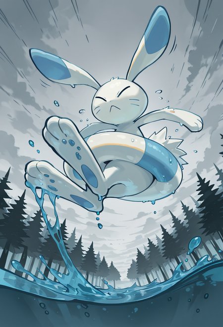 masterpiece, best quality, no humans,    zzWarabbit, rainy forest, puddles, overcast sky, mud splashes, low-to-ground perspective, adventurous tone, motion blur â Raindrops ripple across muddy puddles as zzWarabbit charges forward, kicking up a spray of wet earth with each bound. Trees loom overhead, blurred by mist and rain. Its energy is unrelenting, darting through the wet forest with fearless purpose.   <lora:WarabbitPokedex_IXL:1.0>,