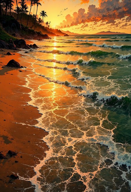 Hawaiian Sunset Beach – Golden Sands & Rolling Waves
"A stunning Hawaiian beach at golden hour, where rolling waves crash against the sun-kissed shore. The sand glows warmly under the amber light, while surfers ride the last waves of the day. The horizon is painted in deep oranges and purples, with the sun's last rays casting a magical shimmer across the ocean’s surface."