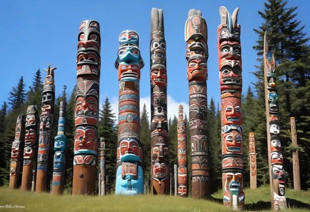 a photograph from the ground, pointing up of  beautifully decorated, intricately carved, beautifully painted, wooden totem poles, native American art, with various totem animals, stands on a beautiful natural background with land, water, sky and nature present, a realistic, breathtaking tall, wooden totem, nature, natural, absurdres, breathtaking, OverallDetailX, pop Tlingit totem pole, Archi Sculpture Photography