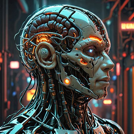 biomechanical cyberpunk gene-spliced hybrid,  exposed human brain,  exhibiting a mix of bio and mechanical traits . human-machine fusion, dystopian, organic meets artificial, luminous grid of neon lights in background  , dark, intricate, highly detailed