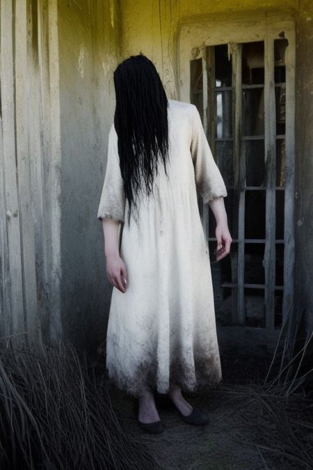 sadako,  horror, scary scene, haunted, ghost, no iris, core_9,score_8_up,score_7_up,score_6_up,score_5_up,score_4_up,
theonryoxl,long black hair,pale skin,hair over one eye,white eyes, dirty white dress with sleeves,
old house,wet,damp, {{{Undead}}}