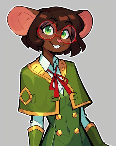 score_9_up, score_8_up, score_7_up, score_6_up, by remanedur, furry female, half-length portrait, female, furry, mouse, green eyes, brown hair, brown skin, short hair, green gloves, capelet, skirt, collared shirt, thigh boots, red round glasses, tail, small breasts, looking at viewer, smile, happy, head tilt, solo, three-quarter view, simple background, white outline, <lora:Leah_Pines(AIM)_XL_v1:0.15> <lora:PDXL_artist_tags_v2_big:0.5> <lora:The-Minuscule-Task_PDXL_v1.0:0.6>  <lora:Olive_BumbleSteak:0.7>