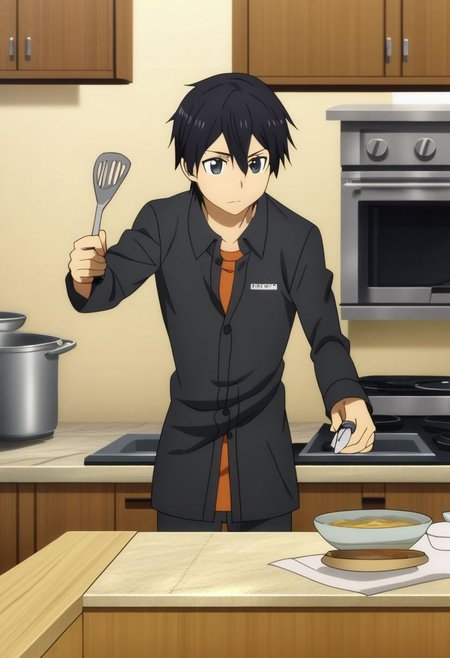 high resolution, professional photography, solo, best quality, 1Boy, Kazuto Kirigaya, Black Hair, Black Eyes, cooking, kitchen, OverallDetail