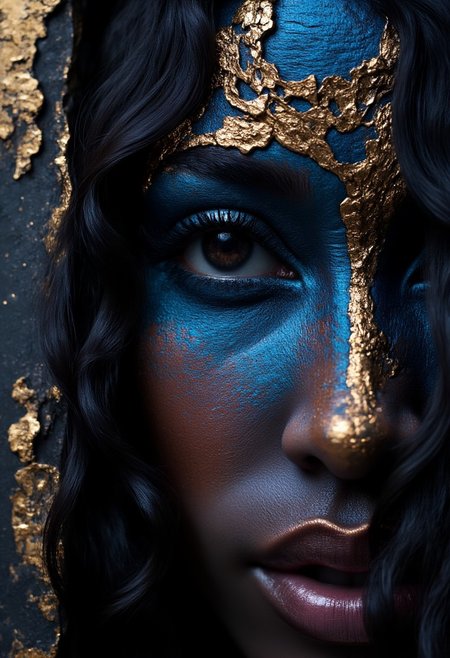 1girl, silhouette, light particles, low contrast, chromatic aberration, high contrast, (solo), flat color, limited palette, (spot color), neon indigo, upper body, flowing hair, default, creative masterpiece, art bloom, looking afar, masterpiece, high quality, best quality, 8k, A masterful artistic photograph with film grain. The image speaks volumes, just like the volume of color and texture. Aesthetically pleasing and intriguing. The girl is gazing onto the horizon and stratosphere. Close-up, Amateur photography, clear vivid eyes, detailed eyes, facing viewer, looking at viewer, straight-on, dynamic angle, textured detail, hyper-detailed, colorful gradients, golden hues and outlines, shiny, metal material, life-like, surrealism,