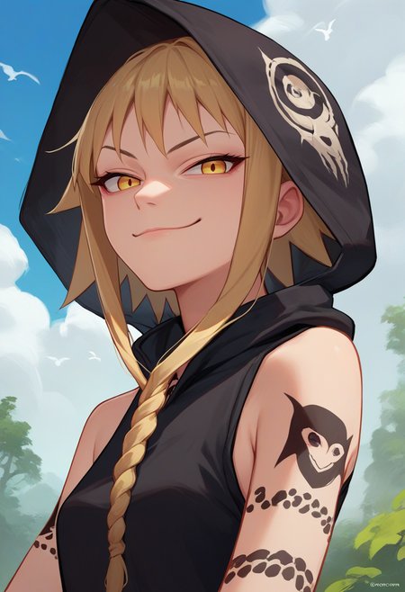 score_9, score_8_up, score_7_up, source_anime, upper body, solo, 1girl, medusagorgon, evil smile, closed mouth, looking at viewer, tattoo, braid, black hoodie, sleeveless hoodie, jewelry, bare shoulders, outdoors <lora:souleater_medusa_ponyXL:1>