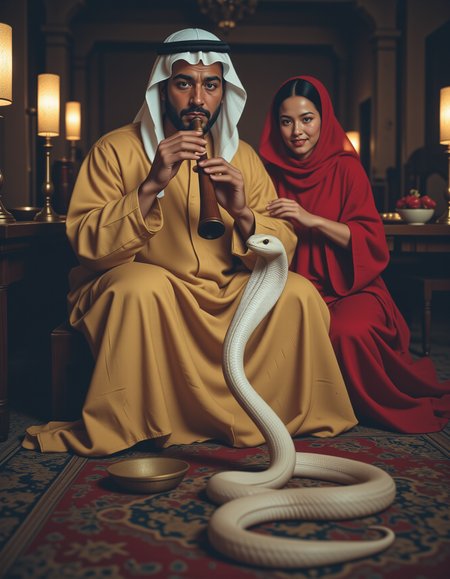 cinematic film still , masterpiece, best quality, very aesthetic, absurdres, from below, volumetric lighting, sfw,
art by Riyoko Ikeda, \Chloe (fate)\,
1man, Arab snake charmer, He sits cross-legged, draped in a flowing, beige djellaba, his hands nimbly dancing over the polished, dark-wood flute. A large white python is dancing before him.
1girl, Arab belly dancer, she is wearing red belly dancer heram outfit and face veil, happily dancing next to the python.
background is A medieval kingdom ruled by knights and wizards,
<lora:moroccan-snake-charmer:1> <lora:flux_cultures_age_v308:1> <lora:HaremOutfit_v1.0_000001250:1>, . shallow depth of field, vignette, highly detailed, high budget, bokeh, cinemascope, moody, epic, gorgeous, film grain, grainyâââ