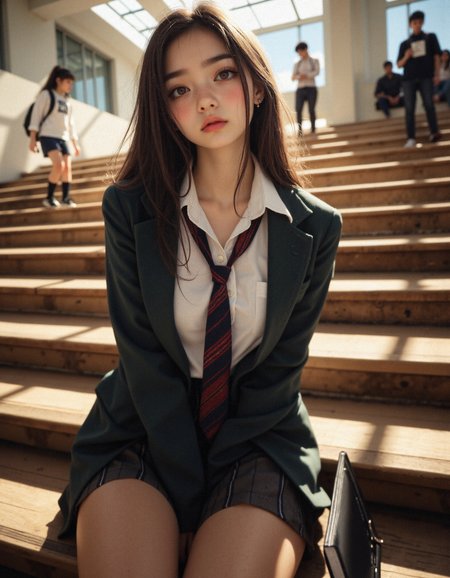 hyper-realisitic, hyper-detailed, detailed foreground,  RAW photo, detailed clothing, detailed lighting,  midjourney_whisper_innocent_eyes, Captured in a pocket of calm before the next rush of bells and footsteps, she sits at the edge of the wooden amphitheater steps. Her school blazer is slightly unbuttoned, the shirt beneath wrinkled at the seams—evidence of a full day already lived. The school tie rests slightly askew, its red stripe catching a highlight from the sunbeams falling from the skylight above. Her pose is casual yet perfectly composed—one knee lifted, her arm wrapped loosely around it, while the other hand clutches a folded notebook she never quite put away. Long hair falls effortlessly across one shoulder, framing her soft but mischievous half-smile. The portrait is framed from knee to head, angled from below to emphasize her leaning posture and upward gaze. The background fades into blurred student silhouettes and open air, light filtering through high glass panels. The mood is golden and intimate—the glow of youth captured in a moment between thoughts. Her gaze isn’t challenging, but confident. She knows who she is. You’re just catching up.                                    <lora:MoriiMee_Gothic_Niji_Style_FLUX:0.5000000000000001> <lora:midjourney_whisper_innocent_eyes_v01:0.5000000000000001>