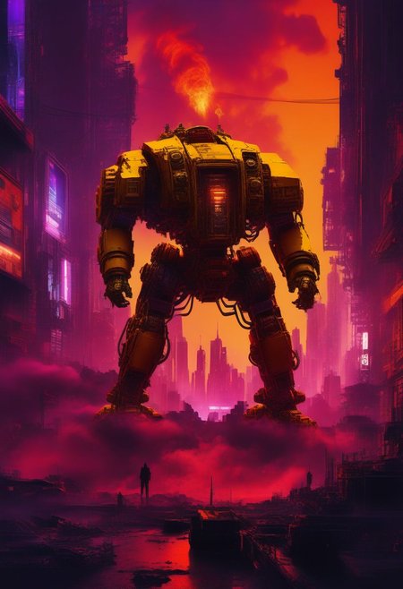 ((masterpiece,best quality)), absurdres, hyper realistic detailed render, 
a big yellow drdnght machine with rocket launcher and flamethrower, 
game asset, cinematic, movie poster, warm colors, red theme,  purple fog, 
night, building, city, cityscape, cable, monitor, cyberpunk, neon lights, silhouette,