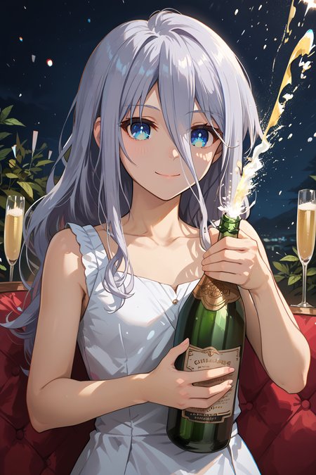score_9, score_8_up, score_7_up, score_6_up, source_anime, BREAK, <lora:Mio Takamiya-PonyXL-lora-Faxtron:0.85> mio takamiya, blue eyes, grey hair, long hair, hair between eyes, white dress, collarbone, sleeveless,
<lora:Champagne:1> ch4mp4gne, alcohol, holding bottle, champagne spray, light smile,