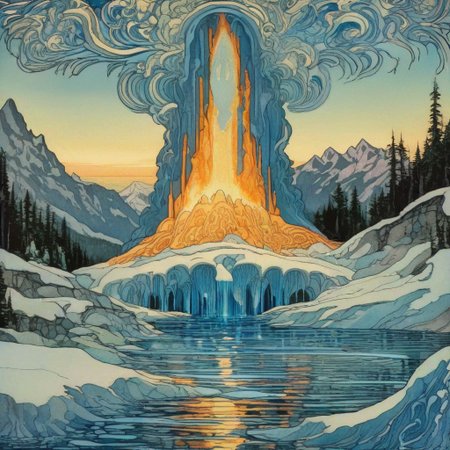 Ivan Bilibin Style - a magical Water geyser spurts from the ground with great force. A blue glow radiates from within. It's surrounded by an ice lake, with mountains in the background.