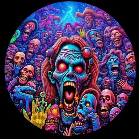 psychedelic style concept art horror-themed Dark Fantasy Art, <lora:Undead Apocalypse v1:1> und34dpsy, a psychedelic traveling circus run entirely by colorful zombies: the juggler tosses flaming brains, the contortionist has detachable limbs, and the fortune teller pulls dreams out of skulls. Everything glows â cotton candy is made of nebula mist, and rides twist into impossible geometries. Shot from a fisheye perspective, with colors vibrating like a lava lamp. The undead laugh hystericallyâ¦ even their decapitated heads., dark, moody, dark fantasy style . eerie, unsettling, dark, spooky, suspenseful, grim, highly detailed . digital artwork, illustrative, painterly, matte painting, highly detailed . vibrant colors, swirling patterns, abstract forms, surreal, trippy