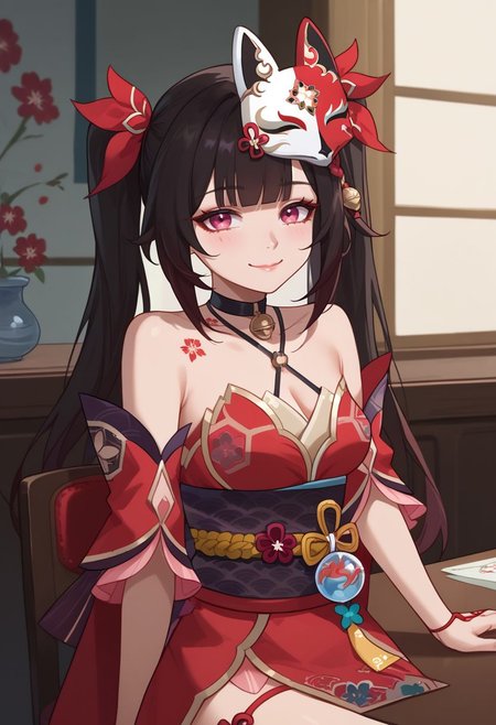 score_9, score_8_up, score_7_up, source_anime, 1girl, sparkledef, pink eyes, long hair, twintails, fox mask, mask on head, bell, black choker, bare shoulders, flower tattoo, criss-cross halter, detached sleeves, red dress, japanese clothes, obi, black sash, black gloves, single glove, thigh strap, sitting, on chair, table, head rest, elbow rest, smile, closed mouth, looking at viewer, indoors, portrait, close-up, upper body, facing viewer, <lora:Sparkle_v1-000010:1>