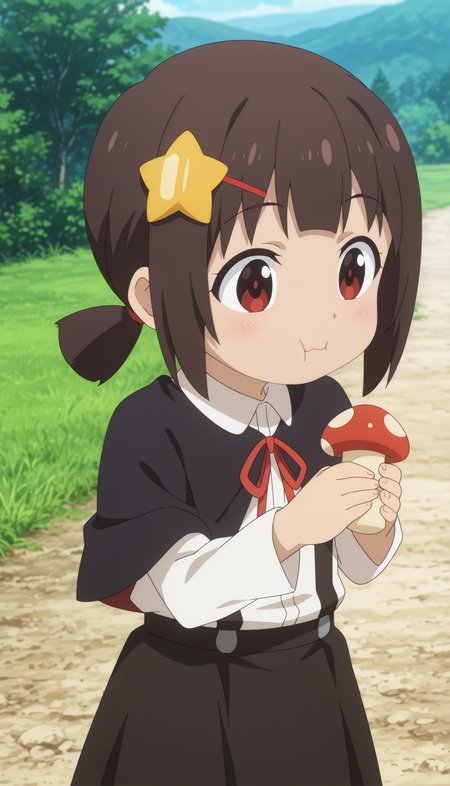 newest, anime coloring, 1girl, komekko, child girl, shorty, black skirt, black capelet, white long sleeve shirt, black suspenders, eat mushroom, outdoors,   <lora:Megumin_komekko_yuiyui_yunyun_kazuma-PDXL_illustrious_v5:1>