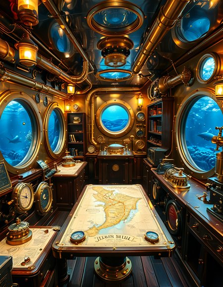 A stunning and intricate view of the interior of the Nautilus submarine, inspired by Jules Verneâs steampunk aesthetic. The room is a mix of Victorian elegance and advanced 19th-century marine engineering. The walls are lined with riveted brass and copper pipes, with intricate pressure gauges and mechanical levers. A massive, round glass porthole offers a breathtaking underwater view of deep-sea creatures swimming in the dark abyss. The warm glow of antique oil lamps and gaslights illuminates the space, casting soft golden reflections on the polished mahogany furniture and ornate brass railings. A large wooden desk is covered with old nautical charts, compasses, and a logbook filled with Captain Nemoâs notes. In the background, a library with leather-bound books and scientific instruments is neatly arranged on wooden shelves, emphasizing the scholarly and adventurous nature of the vessel. The ambiance is a perfect fusion of mystery, science fiction, and vintage maritime beauty, evoking a sense of wonder and deep-sea exploration.<lora:SDXLFaeTastic2400:0.4> <lora:extremely_detailed:0.4> extremely detailed, <lora:Nautilus_subm4r1n3:1>,Nautilus subm4r1n3, Masterpiece,best quality,hi res,8k,hi res,8k,award winning,(sharp focus, intricate, highly detailed),