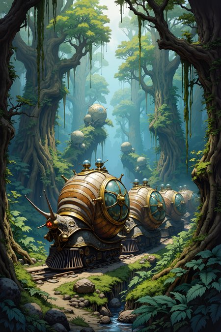 A train of giant snails with shells made of living metal carries travelers through a forest where the trees grow upside down. The snails leave trails of glowing silver that form temporary paths for other travelers. Their shells are decorated with intricate brass clockwork and crystal viewing domes. The upside-down trees drip luminous sap that floats upward, forming pools on the forest's canopy ceiling. , detailed background  Fantastic lighting. Detailed shadows.intricate details, vivid colors, hyper-detailed, ultra-sharp, <lora:Dorota_Pietrowiak:0.3> Portrait by Dorota Pietrowiak <lora:Comic book V2:0.8> High-contrast illustration