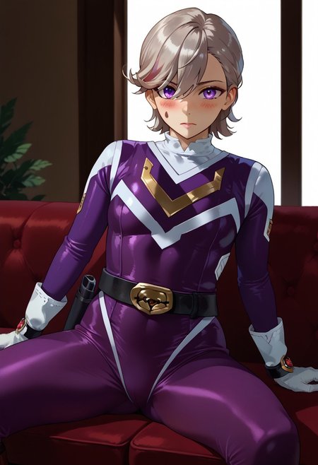 score_9, score_8_up, score_7_up, BREAK,
1boy, solo, lyney,purple eyes,short hair,grey hair,
sentaisaintforce, purple bodysuit, silver belt, white gloves, spandex, wing-shaped chest symbol, small breasts, helmet removed, no headwear, BREAK,
embarrassed, blush, looking at viewer, BREAK,
sitting, legs apart, BREAK,
indoors, couch