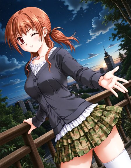 (1girl, solo:1.3), (2girls, 3girls, 4girls, multiple girls, 2boys, 3boys, 4boys, multiple boys:-1.5) <lora:Kazuyagi_Akane_Gore_Screaming_Show_Illustrious:0.9>, Kazuyagi_Akane, large breasts, red eyes, brown eyes, brown hair, long hair, low ponytail, cardigan, black cardigan, long sleeves, blouse, white blouse, green skirt, camouflage, white legwear, (pout:0.7), one eye closed, general, contrapposto, dynamic pose, outstretched arms, portrait, from side, from above, dutch angle, , outdoors, central park, tree, weeds, cityscape, sky, cloud, , <lora:NOOB_EPSv1_1_detailer_by_vlnvk_v1_0:1.5>, (photo background:0.7), night, (tachibana yuu:0.6), inue shinsuke, (kazuma muramasa:0.0), saikawa yusa, (aoi manabu:0.6), abarerumidori, (suzui narumi:0.6), masterpiece, newest, absurdres, 8K, anime screenshot, anime coloring, flat color, official art, film grain, <lora:illustriousXLv01_stabilizer_v1.185c:0.7>, <lora:LECO_Solo:-4.0>,