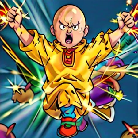 stretch, Sharp image, 4k, 8k, Detailed and Intricate, Cinematic, Dynamic Lighting, 
OverallDetail, Caillou with red glowing eyes, angry expression, male, aura of light around, caillou punching goku