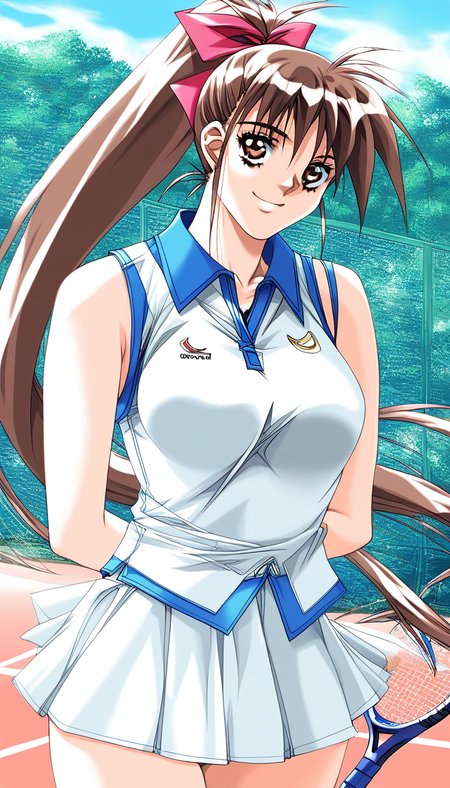 score_9, score_8_up, score_7_up, source_anime, rating_explicit, BREAK  <lora:Tanaka_Misa_DK2_XL:1> TanakaMisa_DK2, solo, long hair, ponytail, brown hair, brown eyes, hair ribbon, medium breasts,
1girl, racket, tennis racket, solo, white tennis uniform, outdoors, sportswear, 1990s (style), arms behind back,  ribbon, building, white skirt, mini skirt,
smile, 
outdoor, day,
looking at viewer, 
cowboy_Shot,