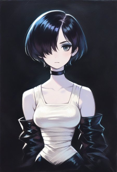 score_9, score_8_up, score_7_up,  pastels drawing, pale white skin:1.3, gothic, choker, medium breasts, latex top, white skin, black hair, black background, adult, short hair, hair over eye, black eyeshadow, <lora:sdxl_ncpy13 style:1>, no_nose, noseless, <lora:sdxl_yoshida_Memaxl_flat_animeFFTFMVv3-000004:0.8>, memaxl flat anime, <lora:sdxl_Yoshida_Akihiko_PonyXL_style_v02.10.01:0.7>, <lora:sdxl_longneck-v2.1:-4> , from_above, high angle