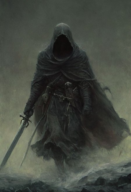 a terrible terrifying fight scene between an honorable knight and a hooded assassin dragging us with swords and daggers,  ,end of hopes ,silence, extremely detailed,dark,sad, easynegative, digital artwork by Beksinski, extremely detailed, dark, chiaroscuro, low-key,in the style of Kelly Slater ,style by Kelly Slater,closeup,digital artwork by Beksinski, style of Kelly Slate