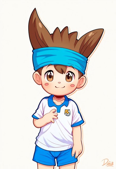 score_9, score_8_up, score_7_up, source_anime, highly detailed, young, 1boy, solo, cute boy, nishizonoshinsuke,  brown eye, brown hair, spike hair, pink blush marks, small nose, headband, sportswear, soccer uniform
DSCStyle, round eyes, exaggerated proportions, cartoonish features, anime-inspired, cute aesthetics, cartoonish proportions, highlights,smooth lines, glossy highlights, minimal detail, clean outlines, consistent line weight, gentle highlights