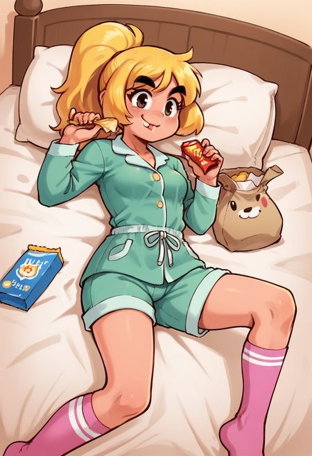 score_9_up, score_8_up, score_7_up score_6_up, 1girl, Goombella, pink skin, blonde hair, ponytail, thick eyebrows, small breasts,
BREAK
jyojifuku, green pajamas, pajamas pants, pink socks, (painted art), (on the bedroom at night), laying on the bed, holding a snack bag, eating a chips, smiling,
BREAK
 cowboy shot, dutch angle