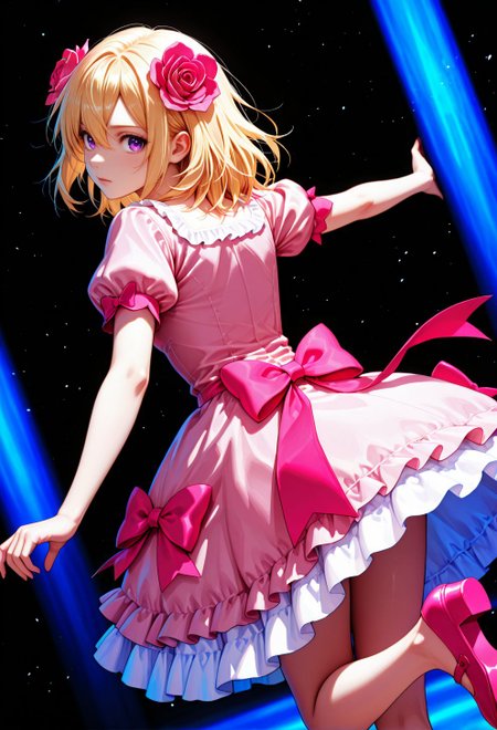 <lora:Jill Savelle:0.9>, CDE_JE,purple eyes,medium hair,blonde hair,hair between eyes, hair flower,pink flower,pink bow,pink dress,puffy sleeves,pink footwear,mary jane shoes, 
general, from behind, looking back, dutch angle, dynamic pose, 
masterpiece, best quality, absurdres, highres, very aesthetic, high quality, detailed, insanely detailed, beautiful, high saturation, high contrast, 
(photo background:0.3), depth of field, 
<lora:noobai_vpred_1_masterpieces_v1:1>, very awa, 
<lora:noob1.1-lineart_adjust1-mki:-0.5>, 
<lora:IllustriousTweakerLora_v4-detail_1457119:0.8>, <lora:LECO_StickClotch:1.5>, <lora:LECO_Particles:1>,
