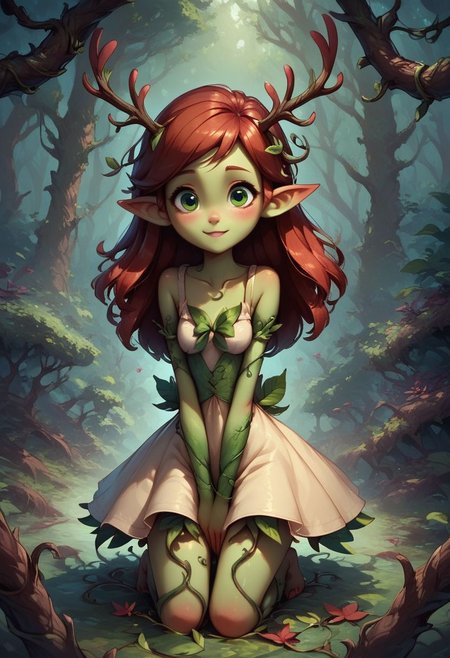 score_9, score_8_up, score_7_up, 1girl, dryad, cute, adorable, antlers, leaf sundress, kneeling, pointed ears, green eyes, looking at viewer, trees, forest, branch, leaf, vines, overgrowth, wrapped in vines, monster girl