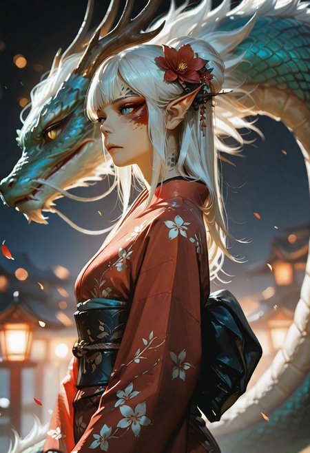 masterpiece, ultra-HD, cinematic lighting, photorealistic, impressionism (1.5), high detail, depth of field, (blurred background), (dramatic lighting),masterpiece, best quality, very aesthetic,8k, lae'zel, 1girl, gith (d&d), slit pupils, yellow eyes, facial mark , pointy ears, Dragon and girl, 1girl, dragon, japanese clothes, kimono, white hair, hair ornament, eastern dragon, blue eyes, red kimono, hair flower, hair bun, flower, sash, long sleeves, wide sleeves, obi, solo, petals, bangs, from side, floral print, single hair bun, closed mouth, sidelocks, long hair, red eyes, 
masterpiece, best quality, amazing quality, usnr,