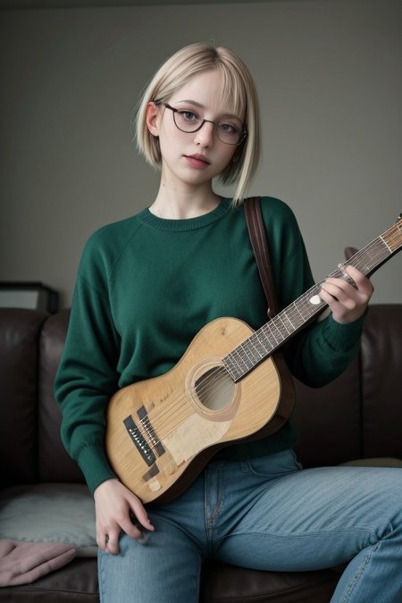 score_9, score_8_up, score_7_up, score_6_up, score_5_up, score_4_up, 1girl, (score_9, score_8_up:1.1), score_7_up,  blonde short hair, blue eyes, detailed eyes, big round eyeglasses, small breasts, slim, pierced navel, pale skin, living room, on a couch, wearing oversized green sweater, denim pants, acoustic guitar, playing_instrument, playing guitar, relaxed, cute smile, closed lips