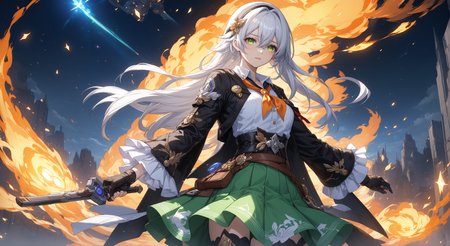 (masterpiece, top quality, best quality, official art, beautiful and aesthetic:1.2)
white_shirt,shirt,thighhighs,green_thighhighs,sparkle,looking_at_viewer,highres,covering_own_mouth,jacket,aqua_eyes,hypermin,green_skirt,honkai:_star_rail,hairband,black_jacket,frills,long_sleeves,firefly_\(honkai:_star_rail\),sam_\(honkai:_star_rail\),long_hair,two-tone_eyes,frilled_sleeves,yellow_eyes,henshin_pose,honkai_\(series\),black_hairband,cowboy_shot,1girl,neckerchief,holding,orange_neckerchief,skirt,fire,white_hair
highres, ultra high res, 4k, 8k, intricate detail, cinematic lighting, amazing quality, wallpaper <lora:aesthetic_anime_v1s:1.2>  <lora:fiasco_A1:1>
