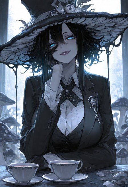 masterpiece, best quality, Good quality, very aesthetic, absurdres, newest,1girl, light rays, looking at viewer, solo, 
Cinematic Lighting, gradient color,
BREAK
masterpiece, amazing quality, best quality, ultra-detailed, 8K, illustration, CG, ultra-detailed-eyes, detailed background, eyelashes, erotic, looking seductive, coy. dynamic action image, detailed face, detailed eyes, direct mesmerizing gaze, mature female,
BREAK
 flirting:2.0, ) Mad Hatter, mushroom hat, teacup, suit