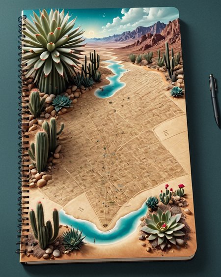 Surrealist art <lora:Book_FFusion_32:1>3d notebook surreal art depth 3d map with popping out desert cacti <lora:CivitAI__Style_Fusion_-_FFusionAI_Entry_64DIM:0.2> FFusionAI Style <lora:test_Not_for_production.adultdel:0.2> . Dreamlike, mysterious, provocative, symbolic, intricate, detailed